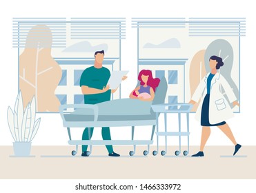 Banner Newly Born Young Mother Lying In Hospital Ward With Tiny Daughter Visit By Attending Doctor and he Report Their Health. Nurse Approaching with Medical Table on Wheels for Procedures.