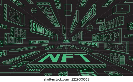 Banner for NFT Industry. One Point Perspective Concept with Terms of Web3. Non Fungible Token and Blockchain Technology. Cryptocurrency. Vector Illustration.