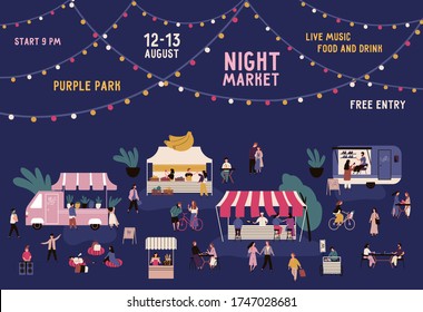 Cartel del mercado nocturno con lugar para texto sobre ilustración plana vectorial de garland. Promoción de feria nocturna con hombres y mujeres caminando entre puestos. Gente comprando bienes, relajándose y comiendo comida callejera