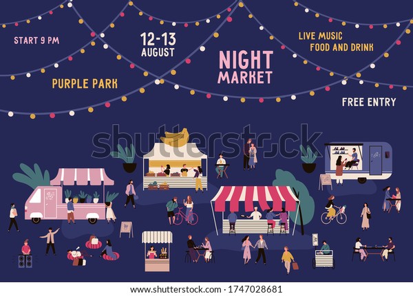 Banner of night market with place for text on\
garland vector flat illustration. Promo of nighttime fair with men\
and women walking between stalls. People buying goods, relax and\
eating street food