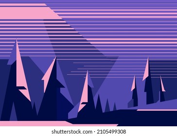 Banner with northern lights and forest. Placard design in abstract style.