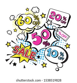 Banner with numbers of discounts in a dialog cloud in the style of pop art on a white background. Sale concept