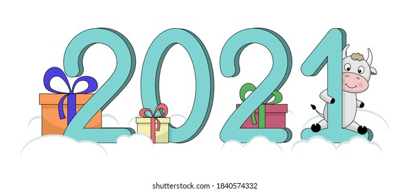 Banner with numbers, gifts and bull, cow. The symbol of the 2021 new year.