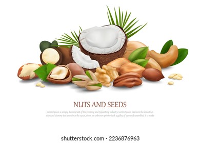 Banner of nuts collection. realistic 3D icons. The nuts are scattered on white background
