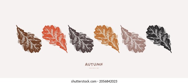 Banner with oak leaves ornament. Vector illustration in hand-drawn linocut style