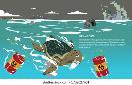 Banner of Ocean polution. sea turtle eating plastic bottle with space to add text.