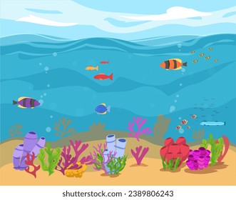 Banner with ocean and undersea background design, flat vector illustration. Underwater and marine life theme banner with no people for diving and snorkeling topics.
