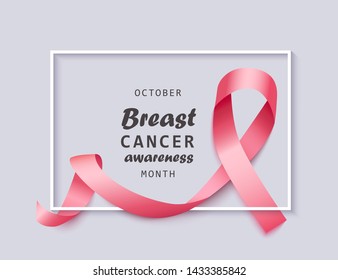 Banner for October breast cancer awareness month with realistic 3d wavy pink satin ribbon and white frame on gray background. Support and awareness with breast cancer, vector illustration.