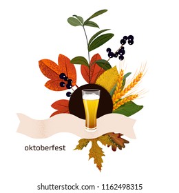 Banner for Octoberfest with autumn leaves, glass of beer and spikes. Vector illustration