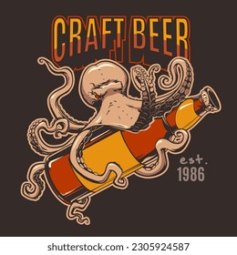 Banner with octopus and craft beer in hand drawn style for print and design.Vector illustration.