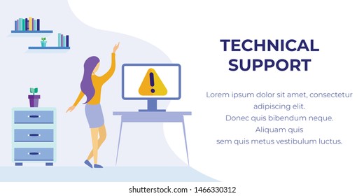 Banner Offering Technical Support and Maintenance. Vector Cartoon Woman Character Found Warning Sign on Home Computer. Customer Need Help Illustration. Call Center and Hotline Service Idea