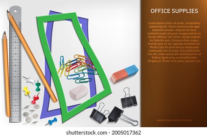 The banner. Office supplies. Abstract vector illustration of a stationery advertising banner on a light background with text. A sketch for creativity.