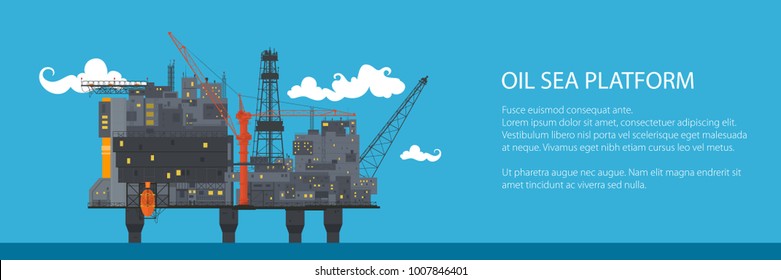 Banner with Offshore Sea Oil Platform at Sea, Oil Industry , Poster Brochure Flyer Design, Vector Illustration