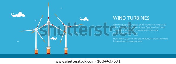 Banner with Offshore\
Wind Farm ,Horizontal Axis Wind Turbines in the Sea off the Coast,\
Vector Illustration
