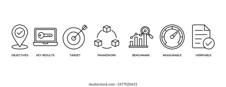 Anuncio OKR icono Concepto de ilustración de Web para objetivos y resultados clave con icono de objetivo, resultados clave, objetivo, estructura, referencia, medible y verificable