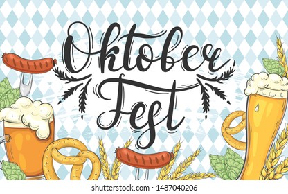 Banner for Oktoberfest. Background with beer, sausages and other