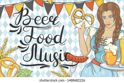 Banner for Oktoberfest. Background with girl, beer, sausages and other.