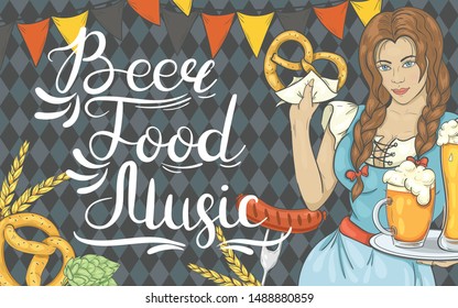 Banner for Oktoberfest. Background with girl, beer, sausages and other.
