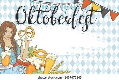 Banner for Oktoberfest. Background with girl, beer, sausages and other
