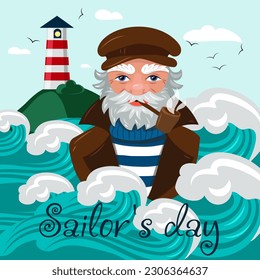 A banner with an old bearded sailor and a pipe in a vest holds a lighthouse and seagulls against a cloudy sky. A sailor on the background of turquoise big waves. Postcard