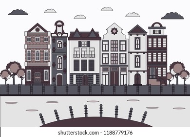 Banner old city houses in flat style. European retro style building facades. Travel concept. Vector illustration. 