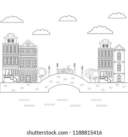 Banner  old city with of houses  in the water in flat style. European retro style building facades. Travel concept. Vector illustration. 