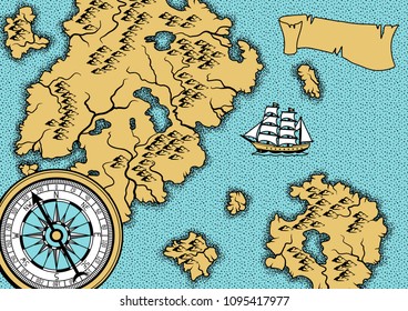 Banner with old nautical map. Islands, ships and vintage retro compass.