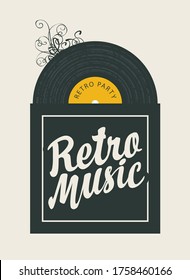 Banner with an old vinyl record and calligraphic lettering for retro music party. Decorative illustration, suitable for poster, placard, flyer, brochure, card, invitation.