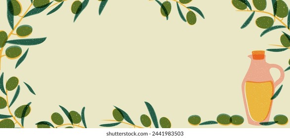 Banner with olives, bottle of olive oil, leaves, branches in risograph illustration style
