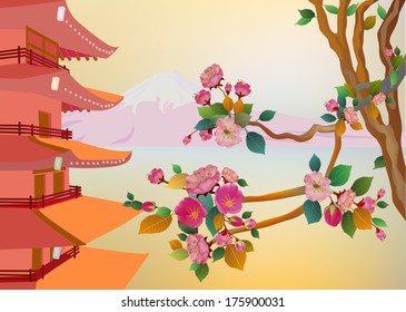banner on the background of sakura blossoms and mountains of the eastern temple