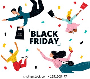 Banner on black Friday. People rush shopping. Vector illustration flat people on shopping. Sale and 
coupons.
