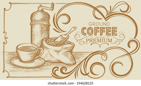 Banner on Coffee with Still-life and Ornamental Frame 