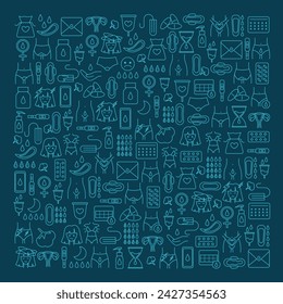 Banner on dark background from menstrual period icons. Various feminine hygiene products, menstruation protection elements. Isolated flat vector square illustration