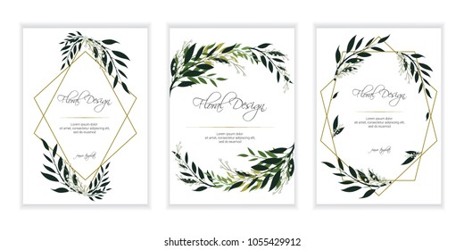 Banner on flower background. Flyer for   wedding  invitation. Natural botanical Greeting editable template. Geometrical golden Frame, border