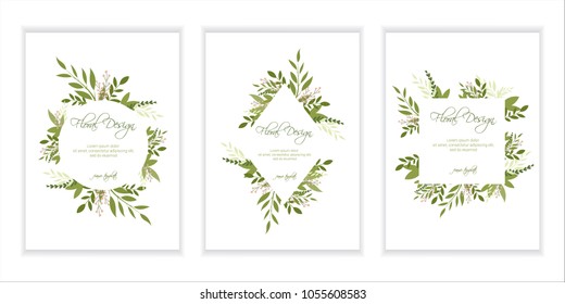 Banner on flower background. Wedding Invitation, modern card Design: leaves and gold geometrical frame