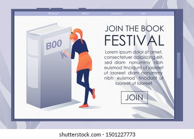 Banner on Mobile Screen Inviting to Book Festival. Cartoon Female Writer, Librarian or Bookseller Character Creating Textbook Title. Literature Festival. Flat Vector Illustration. Landing Page