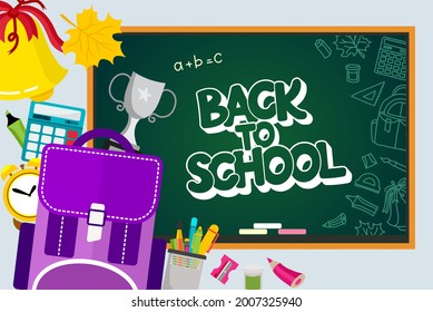 Banner on the school theme on the school board. The inscription back to school, a place for your text. Vector illustration.