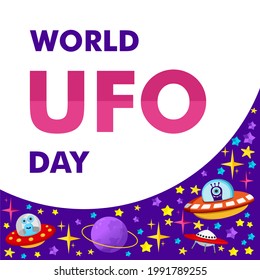 Banner on the space theme. UFO, planet, humanoid, alien, flying saucer. Vector illustration in flat style for flyers, posters, websites, applications