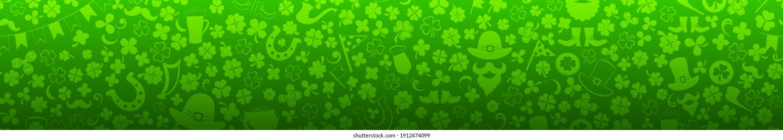 Banner on St. Patrick's Day made of clover leaves and other symbols  in green colors with seamless horizontal repetition