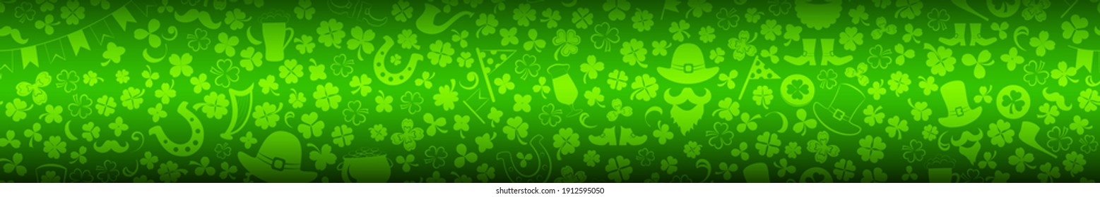 Banner on St. Patrick's Day made of clover leaves and other symbols  in green colors with seamless horizontal repetition