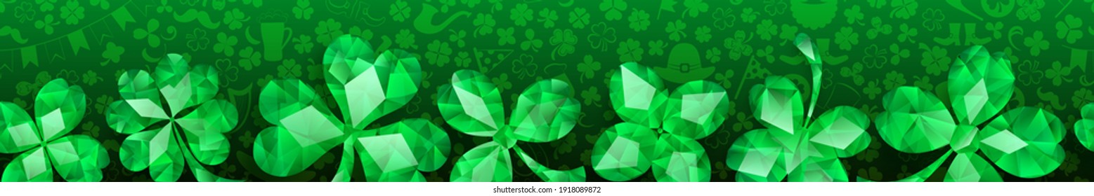 Cartel del Día de San Patricio hecho de hojas de trébol de cristal y otros símbolos en colores verdes con una repetición horizontal sin fisuras