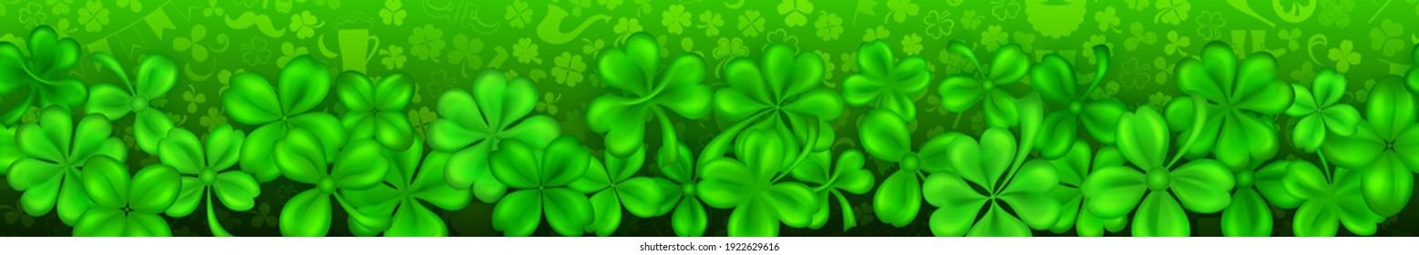 Banner on St. Patrick's Day made of realistic clover leaves in green colors with shadows. Seamless horizontal repetition