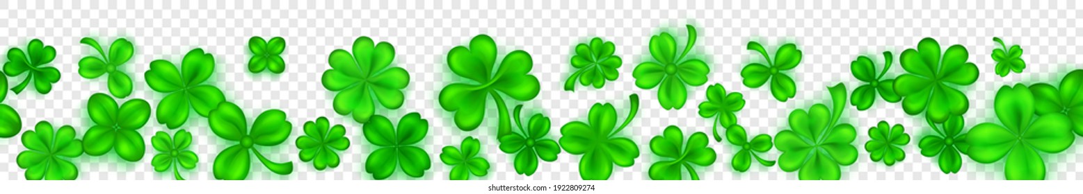 Banner on St. Patrick's Day made of realistic clover leaves in green colors with shadows on transparent background with seamless horizontal repetition