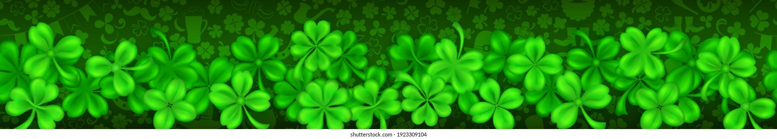 Banner on St. Patrick's Day made of realistic clover leaves in green colors with shadows. Seamless horizontal repetition