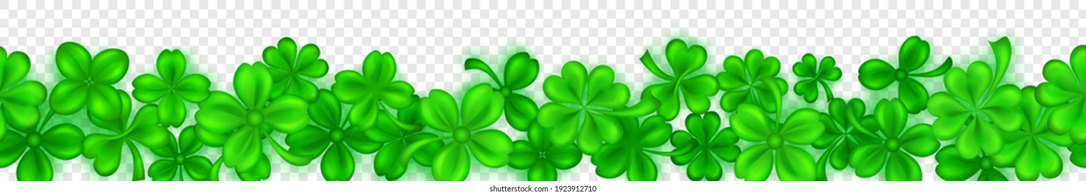 Banner on St. Patrick's Day made of realistic clover leaves in green colors with shadows on transparent background with seamless horizontal repetition