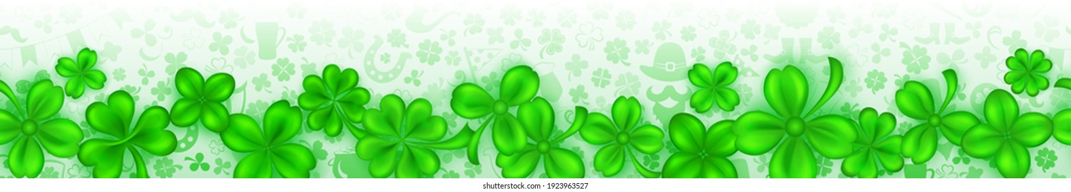 Banner on St. Patrick's Day made of realistic clover leaves in green colors with shadows. Seamless horizontal repetition