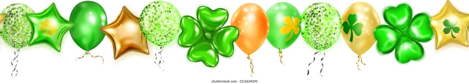 Banner on St. Patrick's Day with flying colored helium balloons: round, star-shaped, and in the form of a four-leaf clover, with seamless horizontal repetition on white background
