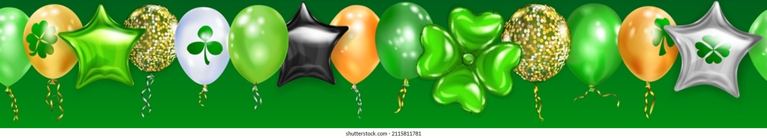 Banner on St. Patrick's Day with flying colored helium balloons: round, star-shaped, and in the form of a four-leaf clover, with seamless horizontal repetition on green background