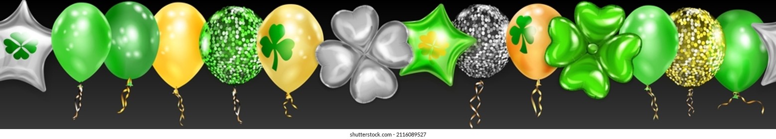 Banner on St. Patrick's Day with flying colored helium balloons: round, star-shaped, and in the form of a four-leaf clover, with seamless horizontal repetition on black background