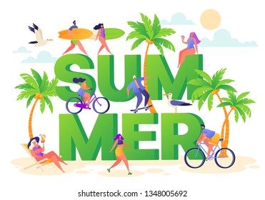 Banner on summer vacation theme. Outdoor activity and rest on the beach. Horizontal poster with active characters women and men. Sport and active life motivation concept. Trendy vector illustration.